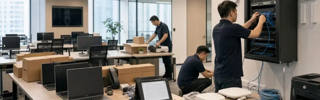 Real new office IT setup with workstation deployment and network cabinet work